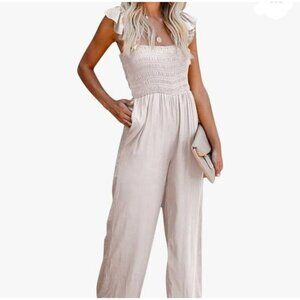 Womens Jumpsuit White Small Sleeveless Ruffled Smocked Bodice & Wide-Leg Design